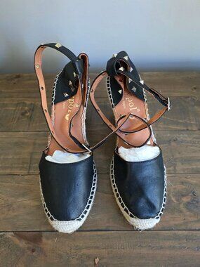 Maypol Black Leather Studded Ankle Strap Espadrille Wedge Sandals Made in Spain
